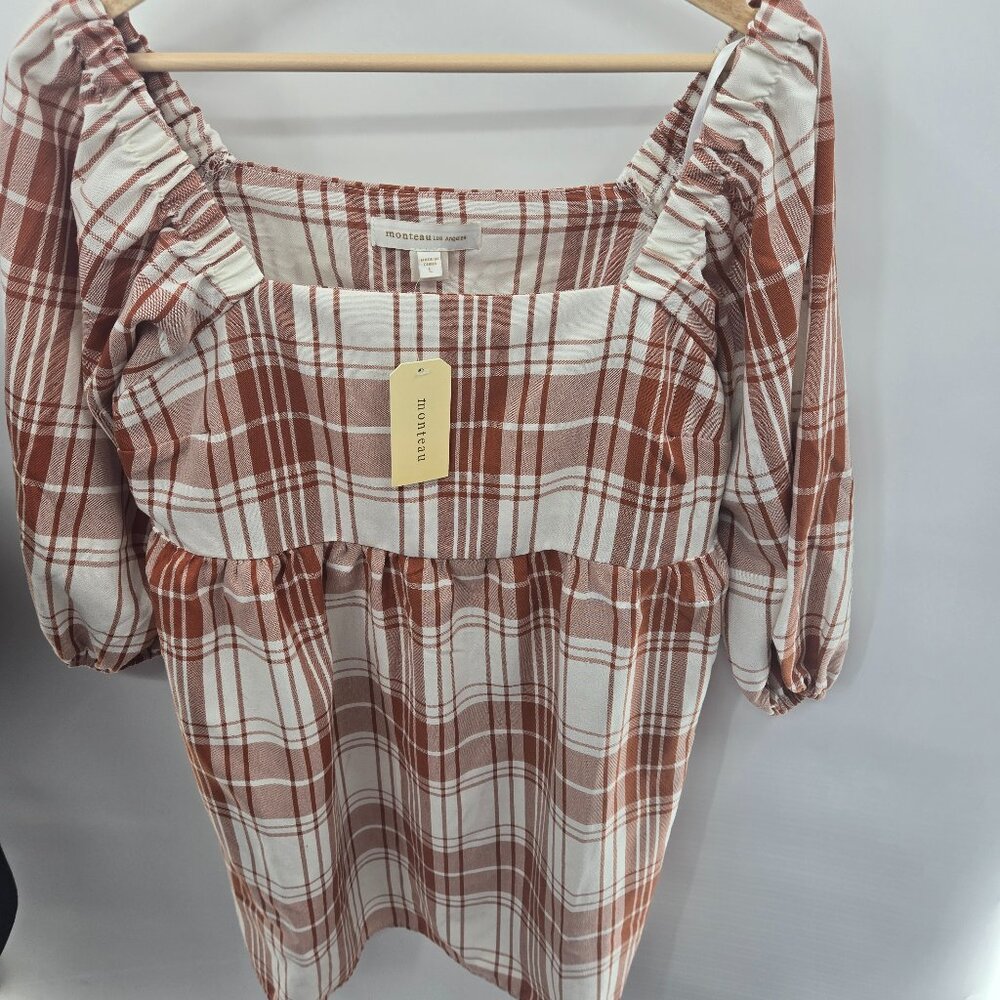 Monteau Los Angeles Brown White Plaid Square Neckline Mini Dress Size Large